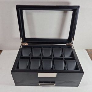 Luxury Wooden Watch Display Case with Drawer Black NEW